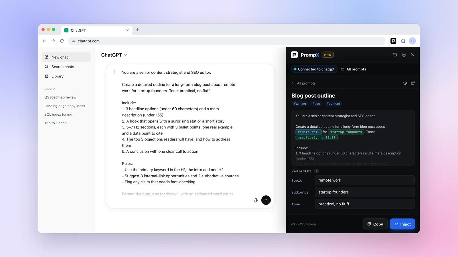 The PrompX side panel next to ChatGPT, with a blog-outline prompt's variables filled in and the full prompt inserted into the chat box