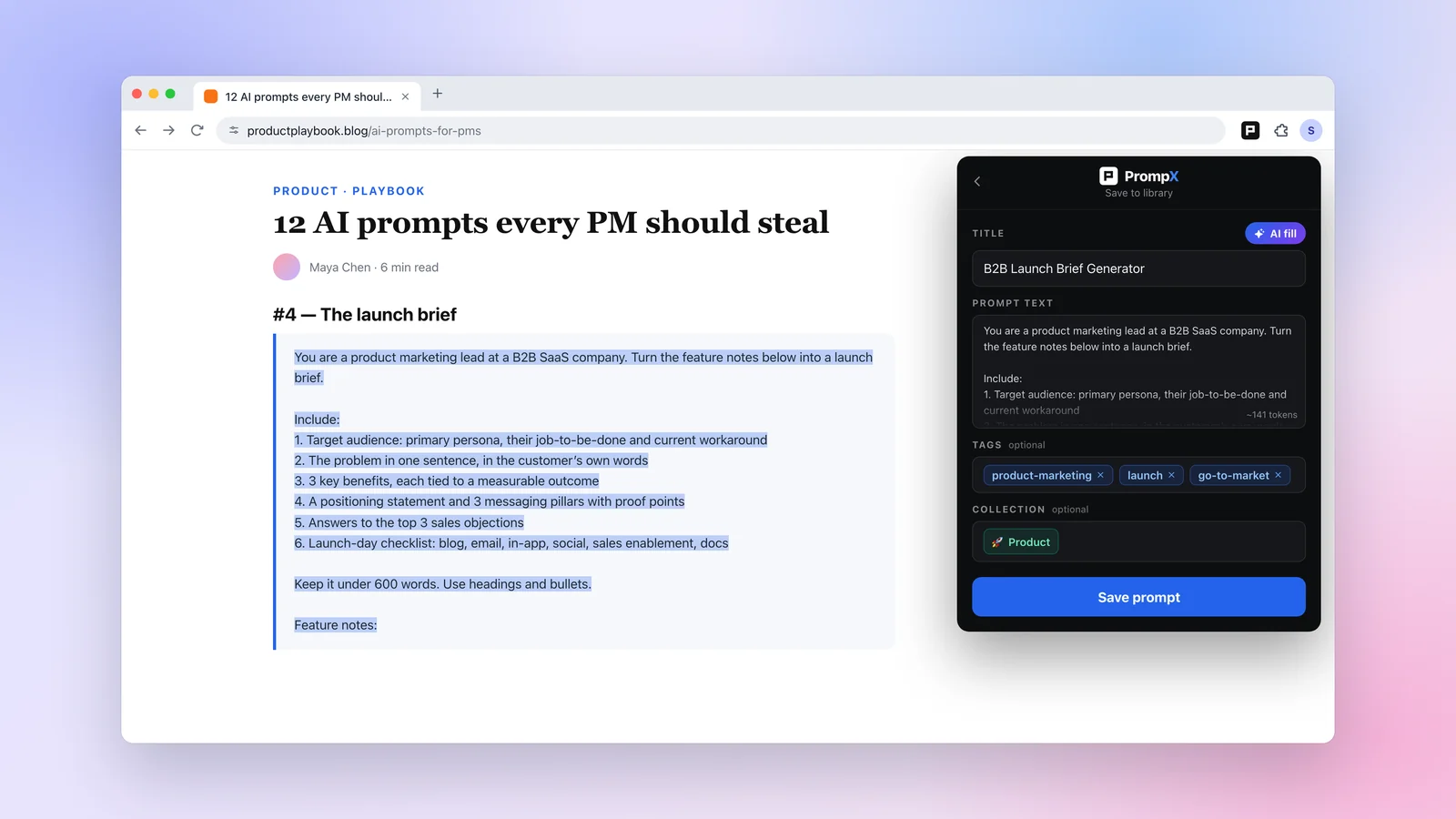 Saving a launch-brief prompt selected on a web page, with the title and tags written by AI fill