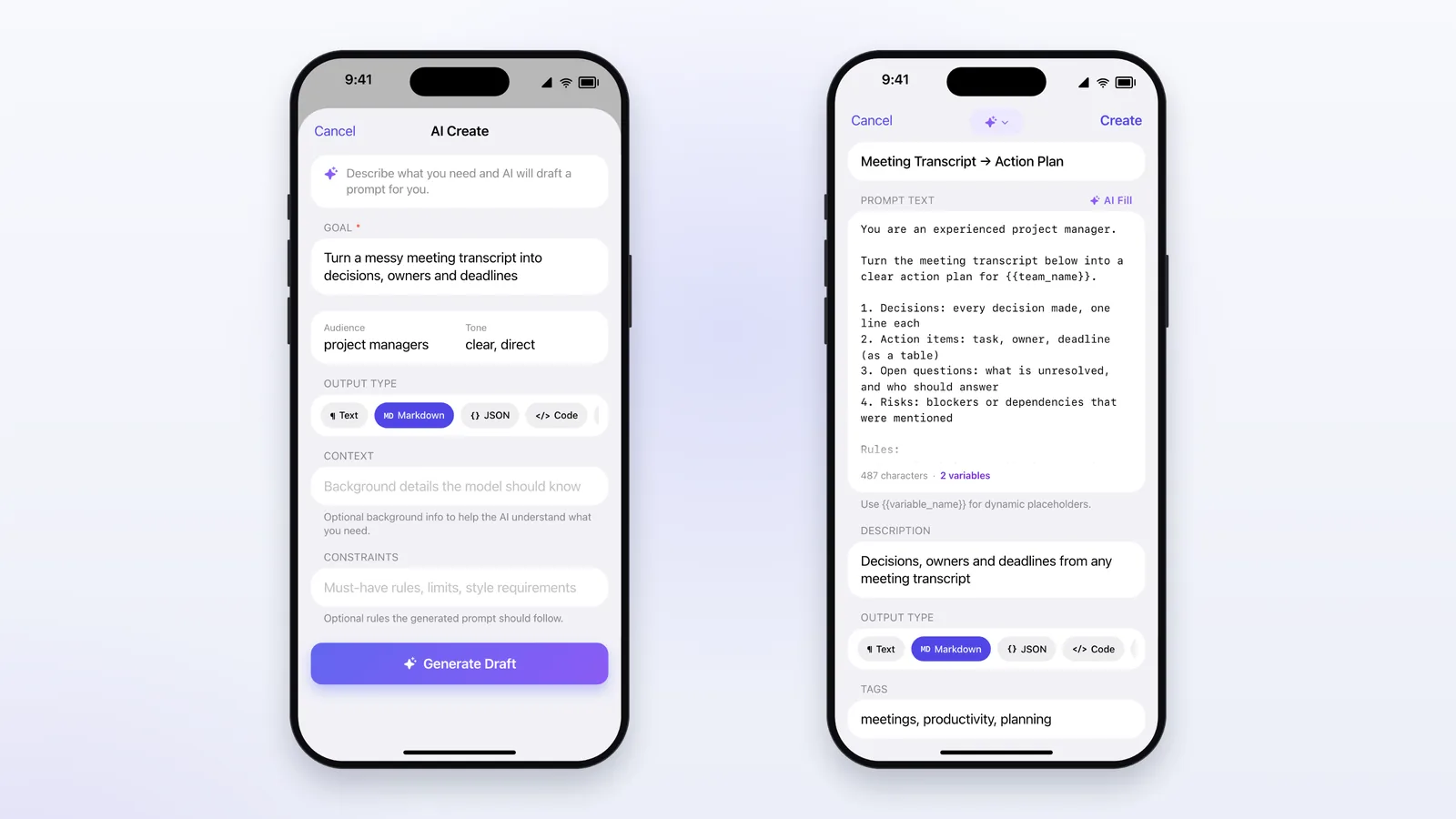 The AI Create form on iPhone with a goal, audience, and tone filled in, and the New Prompt editor pre-filled with the drafted prompt