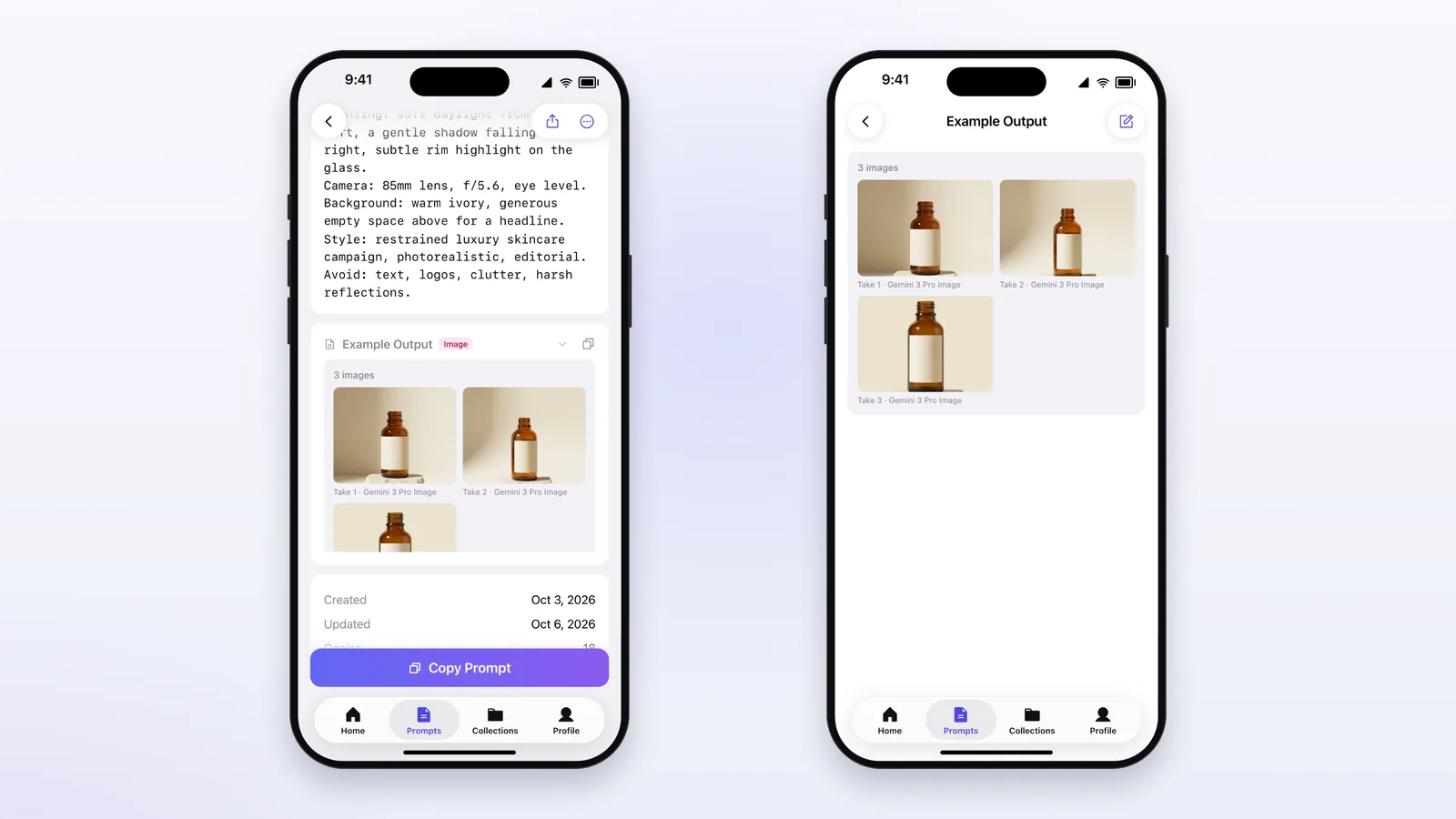 An image prompt on iPhone with its Example Output expanded, and the Example Output viewer showing three generated product photos