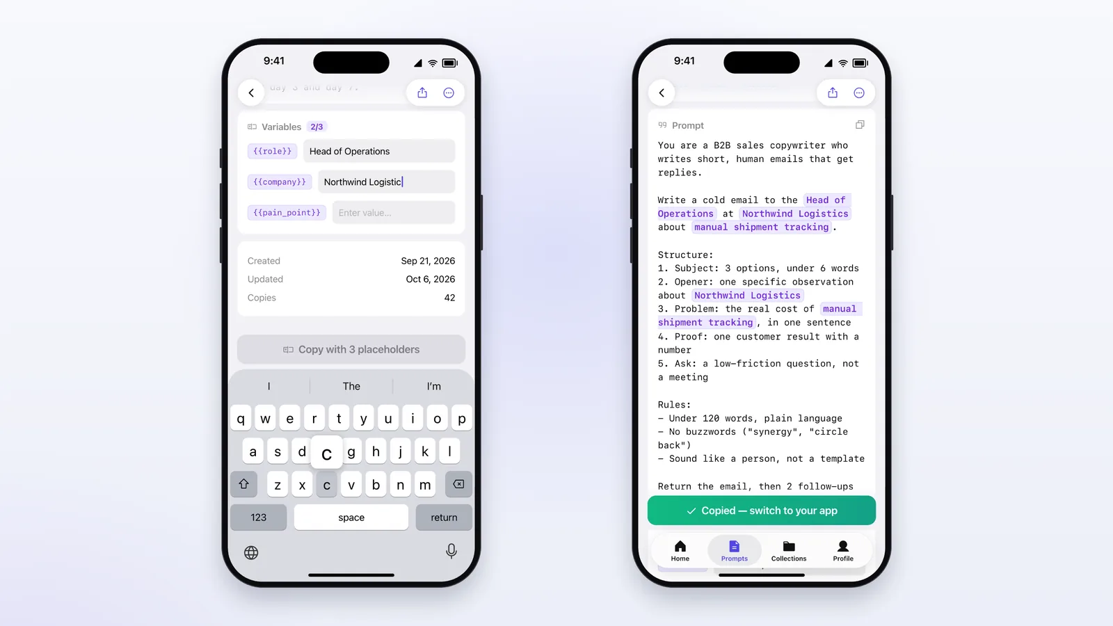 A cold outreach email prompt on iPhone with its role, company, and pain point variables being filled in, then copied with the values in place