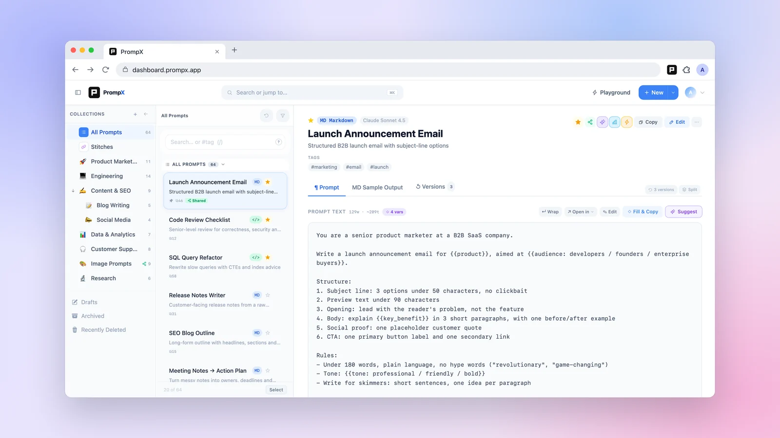 The PrompX web library with collections, a searchable prompt list, and a structured launch-email prompt open