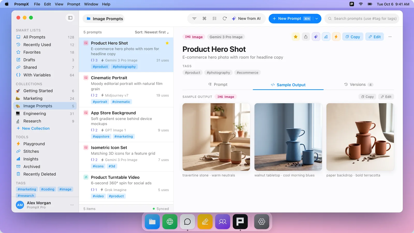 A product photography prompt in PrompX with three generated sample images in its Sample Output tab