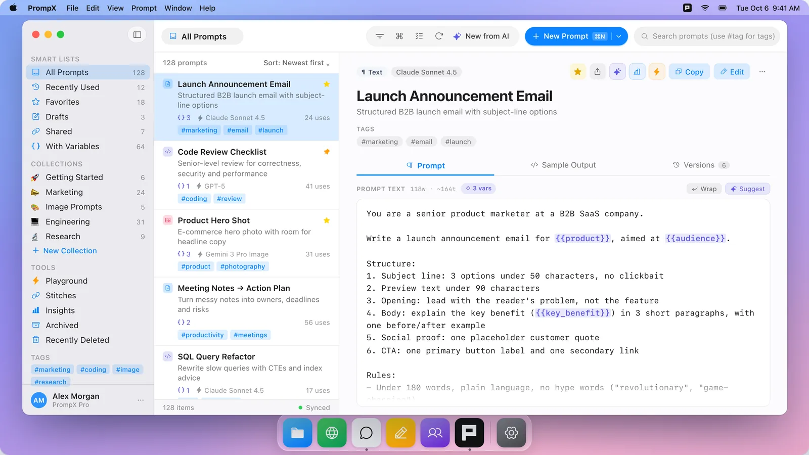 The PrompX for Mac library with smart lists, collections, a prompt list, and a prompt with highlighted variables