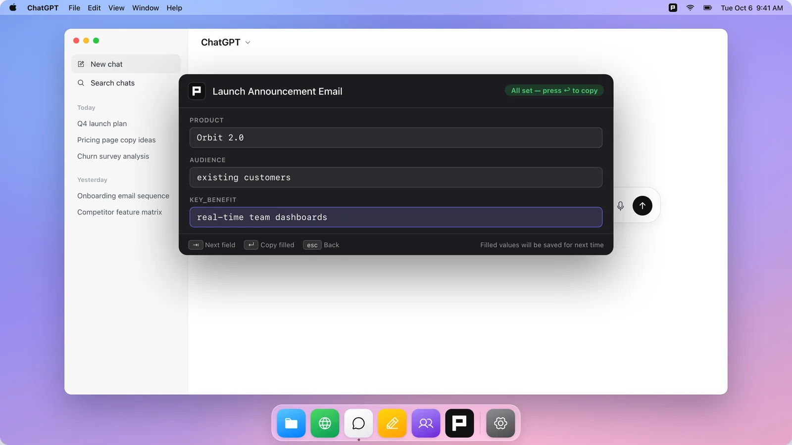 The PrompX Quick Panel over a chat app, with the variables of a launch email prompt filled in and ready to copy