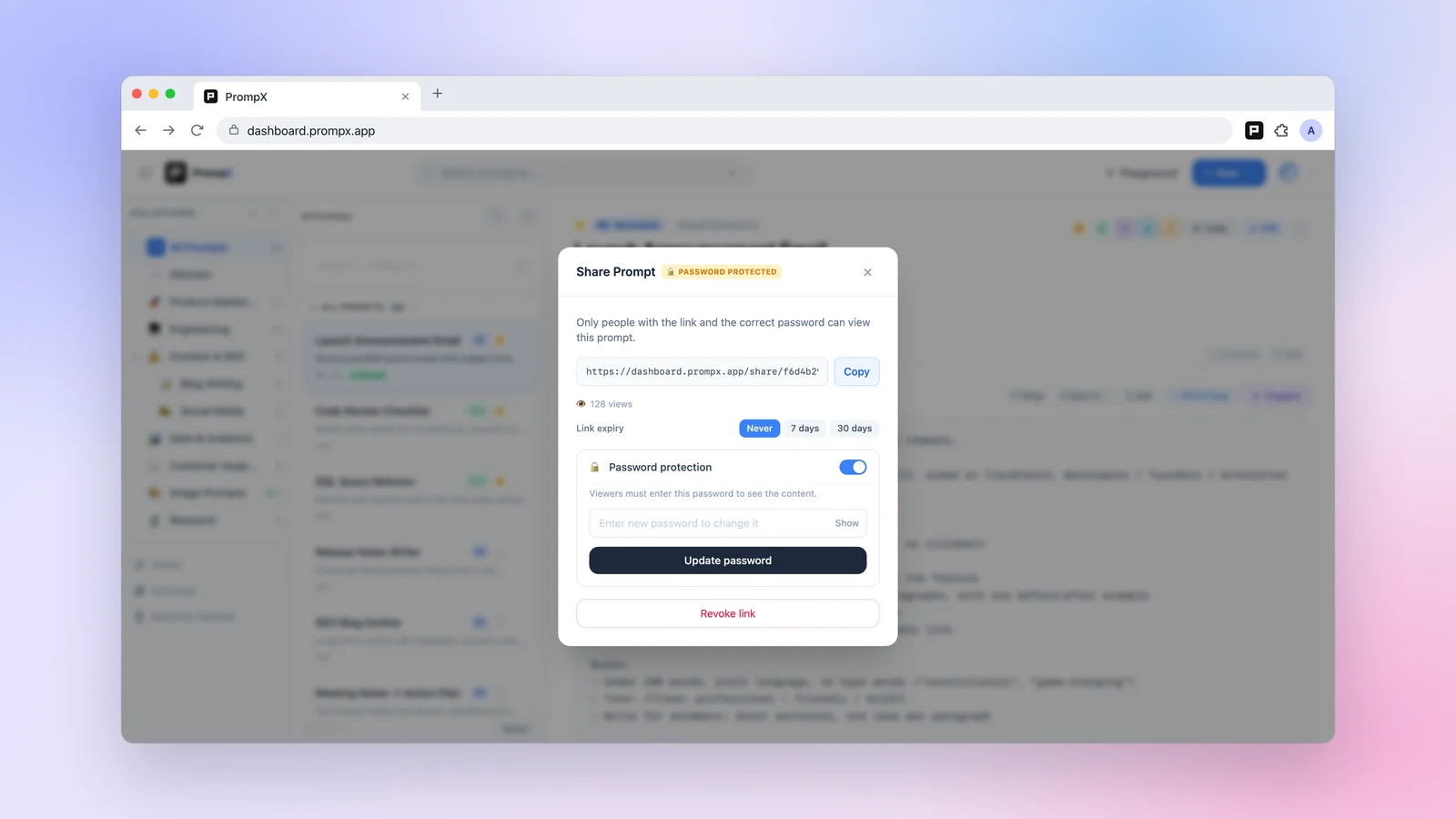 The Share Prompt dialog with a public link, view count, link expiry, and password protection turned on